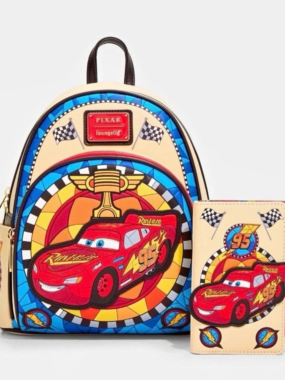 Loungefly Disney Pixar Cars Lightning McQueen StainedGlass MiniBackpack & Wallet